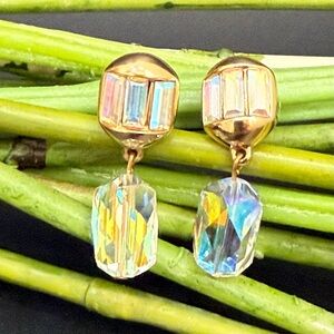 Vintage SWAROVSKI Swan Signed Gold-tone Aurora Borealis AB Crystal Drop Earrings